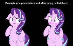 Size: 1924x1220 | Tagged: safe, artist:mlpmvguy, derpibooru import, edit, editor:fluttershyisnot adoormat, starlight glimmer, pony, unicorn, bipedal, black background, blushing, chubby, ears, female, floppy ears, mare, meme, simple background, solo, thick, wide hips