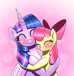 Size: 1520x1571 | Tagged: safe, artist:questionmarkdragon, derpibooru import, apple bloom, twilight sparkle, twilight sparkle (alicorn), alicorn, earth pony, pony, blushing, eyes closed, female, filly, foal, hug, mare, smiling