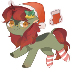 Size: 1080x1080 | Tagged: safe, artist:浙江, derpibooru import, oc, oc only, oc:pine pyre, kirin, bow, christmas, christmas stocking, clothes, hair bow, hat, holiday, kirin oc, santa hat, simple background, socks, solo, striped socks, white background