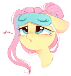 Size: 1002x1070 | Tagged: safe, artist:melodylibris, derpibooru import, fluttershy, pegasus, pony, alternate hairstyle, bed mane, bust, cute, ears, female, floppy ears, lidded eyes, mare, open mouth, shyabetes, simple background, sleep mask, sleepy, solo, three quarter view, tired, white background