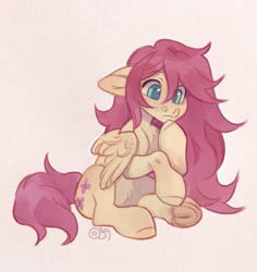 Size: 1513x1600 | Tagged: safe, artist:art_bird_owl, derpibooru import, fluttershy, pegasus, pony, alternate hairstyle, beige background, belly fluff, chest fluff, concerned, cute, ears, female, floppy ears, mare, raised hoof, raised leg, shyabetes, simple background, sitting, solo, thinking, underhoof, wings