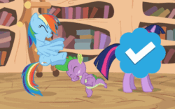 Size: 644x402 | Tagged: safe, derpibooru import, edit, edited screencap, screencap, rainbow dash, spike, twilight sparkle, unicorn twilight, dragon, pegasus, pony, unicorn, it's about time, animated, blue checkmark, current events, female, flying, golden oaks library, laughing, loop, male, mare, meta, standing, standing on one leg, trio, twitter