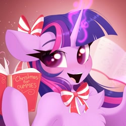 Size: 1940x1940 | Tagged: safe, artist:kebchach, derpibooru import, twilight sparkle, unicorn twilight, pony, unicorn, :d, book, chest fluff, christmas, glowing, glowing horn, holiday, horn, magic, open mouth, open smile, smiling, solo, telekinesis, wingding eyes