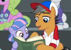 Size: 800x559 | Tagged: safe, derpibooru import, screencap, quibble pants, wind sprint, earth pony, pegasus, pony, common ground, animated, baseball cap, book, cap, clothes, duo focus, female, filly, foal, freckles, gif, hat, leaf, male, reading, shirt, stallion, talking