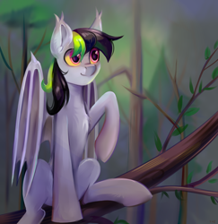 Size: 3500x3600 | Tagged: safe, artist:ske, derpibooru import, oc, oc only, bat pony, pony, forest, solo, tree branch