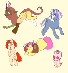 Size: 1556x1666 | Tagged: safe, artist:vilesmell, derpibooru import, li'l cheese, oc, oc:demure, oc:enchanting glimmer, oc:red shimmer apple, oc:treasure apple, draconequus, earth pony, hybrid, pony, unicorn, the last problem, baby, baby pony, draconequus oc, interspecies offspring, magical lesbian spawn, offspring, parent:apple bloom, parent:applejack, parent:diamond tiara, parent:discord, parent:fluttershy, parent:rarity, parent:starlight glimmer, parent:trixie, parents:diamondbloom, parents:discoshy, parents:rarijack, parents:startrix, simple background, teenager, toddler, yellow background