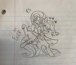 Size: 2048x1745 | Tagged: safe, artist:fennexenev, derpibooru import, fluttershy, rainbow dash, pegasus, pony, bipedal, blushing, cute, dashabetes, female, flutterdash, heart, hug, lesbian, lined paper, monochrome, pencil drawing, shipping, shyabetes, traditional art