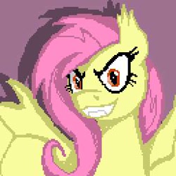 Size: 256x256 | Tagged: safe, artist:razzyx09, derpibooru import, fluttershy, bat pony, pony, bat ponified, bat wings, bust, evil grin, eyelashes, female, flutterbat, grin, mare, pixel art, race swap, smiling, solo, wings