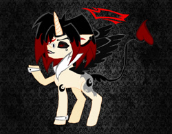 Size: 1010x791 | Tagged: safe, artist:nidyafallen, derpibooru import, oc, oc only, pony, alicorn pc, black sclera, cuffs (clothes), raised hoof, raised leg, solo