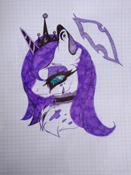 Size: 3120x4160 | Tagged: safe, artist:nidyafallen, derpibooru import, oc, oc only, pony, unicorn, chest fluff, choker, ear fluff, ears, graph paper, horn, jewelry, makeup, sad, tiara, traditional art, unicorn oc