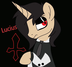 Size: 921x867 | Tagged: safe, artist:nidyafallen, derpibooru import, oc, pony, unicorn, black background, bust, horn, lucius, lucius wagner, makeup, necktie, ponified, simple background, solo, unicorn oc