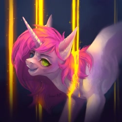 Size: 2160x2160 | Tagged: safe, artist:inarimayer, derpibooru import, oc, oc only, pony, unicorn, bust, female, gold, heterochromia, horn, imminent decapitation, insanity, light, mare, open mouth, shrunken pupils, simple background, smiling, solo, unicorn oc