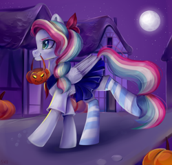 Size: 3100x2990 | Tagged: safe, artist:ske, derpibooru import, oc, oc only, oc:skysorbett, pegasus, pony, clothes, halloween, holiday, moon, pumpkin bucket, socks, solo, striped socks