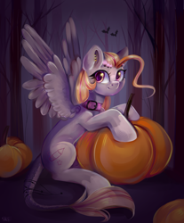 Size: 2400x2904 | Tagged: safe, artist:ske, derpibooru import, oc, oc only, bat, pegasus, pony, collar, halloween, holiday, pumpkin, solo, tree