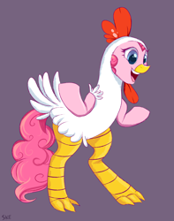 Size: 3590x4547 | Tagged: safe, artist:ske, derpibooru import, pinkie pie, earth pony, pony, animal costume, chicken pie, chicken suit, clothes, costume, solo