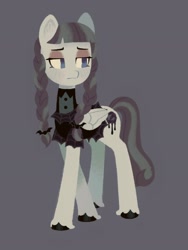 Size: 1536x2048 | Tagged: safe, artist:chaymomile, artist:vanillavache, derpibooru import, inky rose, pegasus, pony, braid, clothes, female, folded wings, goth, gray background, mare, simple background, solo, unshorn fetlocks, wings