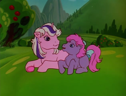 Size: 632x480 | Tagged: safe, derpibooru import, screencap, ember (g1), twilight, earth pony, pony, unicorn, g1, my little pony 'n friends, rescue at midnight castle, bow, duo, female, filly, foal, mare, tail, tail bow