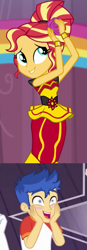 Size: 383x1098 | Tagged: safe, derpibooru import, edit, edited screencap, screencap, flash sentry, sunset shimmer, better together, dance magic, equestria girls, spring breakdown, spoiler:eqg specials, alternate hairstyle, blushing, clothes, cropped, dress, female, flamenco dress, flashimmer, flower, male, shipping, shipping domino, starry eyes, straight, sunset shimmer flamenco dress, wingding eyes