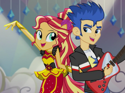 Size: 965x717 | Tagged: safe, derpibooru import, edit, edited screencap, screencap, flash sentry, sunset shimmer, dance magic, equestria girls, spoiler:eqg specials, alternate hairstyle, clothes, dancing, dash for the crown, dress, equestria girls prototype, female, flamenco dress, flashimmer, flower, game, gibson firebird, guitar, male, musical instrument, ponied up, shipping, straight, sunset shimmer flamenco dress, vector, vector edit