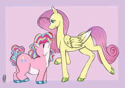 Size: 2039x1446 | Tagged: safe, artist:natt333, derpibooru import, fluttershy, pinkie pie, earth pony, pegasus, pony, behaving like a cat, butt, chubby, duo, height difference, hooves, multicolored hair, multicolored mane, pale belly, plot, redesign, slim, unshorn fetlocks