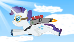 Size: 1192x670 | Tagged: safe, artist:dandylionpony, derpibooru import, rarity, alicorn, alicornified, cloud, flying, goggles, grin, hair bun, jetpack, race swap, raricorn, sky, sky background, smiling