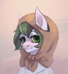 Size: 1994x2160 | Tagged: safe, artist:inarimayer, derpibooru import, oc, oc only, oc:dusty soil, earth pony, pony, babushka, beige background, bust, clothes, earth pony oc, headscarf, looking at you, oda 997, portrait, scarf, simple background, solo
