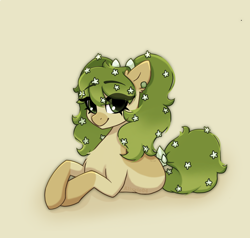 Size: 1950x1860 | Tagged: safe, artist:_alixxie_, derpibooru import, oc, oc only, oc:apple blossom, earth pony, pony, beige background, female, flower, looking at you, lying down, mare, pigtails, prone, simple background, smiling, smiling at you, solo, twintails