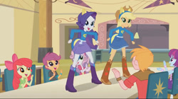 Size: 750x421 | Tagged: safe, derpibooru import, screencap, apple bloom, applejack, big macintosh, mystery mint, rarity, scootaloo, sweetie belle, equestria girls, equestria girls (movie), boots, cafeteria, canterlot high, clothes, cowboy hat, female, hat, helping twilight win the crown, male, school spirit, shirt, shoes, skirt, sweater, table, uniform, wonderbolts uniform