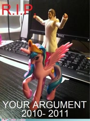 Size: 500x673 | Tagged: safe, derpibooru import, princess celestia, alicorn, pony, computer, desk, female, irl, jesus christ, keyboard, male, meme, merchandise, my little brony, photo, riding, riding a pony, text, toy, watermark, your argument is invalid