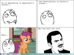 Size: 500x375 | Tagged: safe, derpibooru import, edit, edited screencap, screencap, scootaloo, pegasus, pony, female, filly, foal, implied apple bloom, implied applejack, implied rarity, implied sweetie belle, meme, my little brony, rage comic, watermark