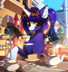 Size: 2400x2556 | Tagged: safe, artist:redchetgreen, derpibooru import, oc, oc only, cat, pony, unicorn, cake, cake slice, cup, food, newspaper, solo, spoon, teacup, teapot