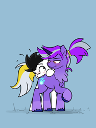 Size: 2278x3037 | Tagged: safe, artist:vipy, derpibooru import, oc, oc:vipy, earth pony, pony, unicorn, biting, butt bite, chomp, looking at each other, looking at someone, simple background