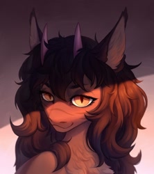 Size: 1920x2160 | Tagged: safe, artist:inarimayer, derpibooru import, oc, oc only, hybrid, pony, bust, commission, ear fluff, ears, eyebrows, horn, light, looking at you, multiple horns, portrait, slit eyes, stripes