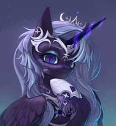 Size: 1983x2160 | Tagged: safe, artist:inarimayer, derpibooru import, oc, oc only, alicorn, pony, alicorn oc, coat markings, commission, horn, jewelry, magic, magic aura, regalia, silver, slit eyes, solo, sparkles, tiara, wings