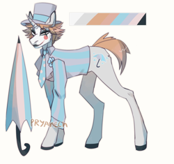 Size: 1700x1600 | Tagged: safe, artist:pryanech, derpibooru import, oc, oc only, pony, unicorn, adoptable, clothes, hat, necktie, reference sheet, simple background, solo, umbrella, white background