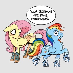 Size: 2000x2000 | Tagged: safe, artist:quaziesart, derpibooru import, fluttershy, rainbow dash, pegasus, air jordans, blushing, boots, chest fluff, colored wings, colored wingtips, dialogue, frown, gray background, gritted teeth, monologue, nike, shoes, simple background, sneakers, talking, teeth, wide eyes, wings