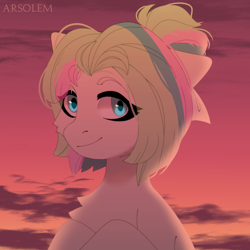 Size: 2000x2000 | Tagged: safe, artist:arsolem, derpibooru import, oc, oc only, earth pony, pony, cloud, colored, evening, female, flat colors, sky, solo, sunset