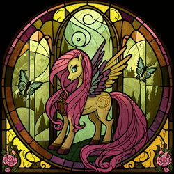 Size: 1024x1024 | Tagged: safe, derpibooru import, generator:midjourney, machine learning generated, fluttershy, butterfly, pegasus, pony, background, blue eyes, female, forest, hooves, mane, solo, stained glass, tail, wrong cutie mark