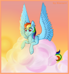 Size: 1300x1400 | Tagged: safe, artist:kiararrr, derpibooru import, rainbow dash, pegasus, pony, cloud, looking down, on a cloud, smiling, solo, sun, sunset