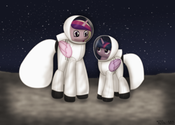 Size: 2374x1704 | Tagged: safe, artist:99999999000, derpibooru import, princess cadance, twilight sparkle, twilight sparkle (alicorn), alicorn, pony, astronaut, duo, duo female, female, folded wings, mare, moon, requested art, space, spacesuit, wings