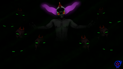 Size: 3840x2160 | Tagged: safe, artist:rainsstudio, derpibooru import, king sombra, anthro, unicorn, 3d, armor, clothes, dark, evil grin, glowing, glowing eyes, green sclera, grin, helmet, male, mind control, muscles, nexgen, nudity, partial nudity, red eyes, sharp teeth, smiling, sombra eyes, sombra soldier, source filmmaker, teeth, the crystal empire 10th anniversary, topless