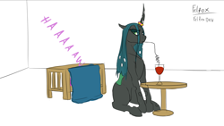 Size: 1278x721 | Tagged: safe, artist:felfox, derpibooru import, princess flurry heart, queen chrysalis, alicorn, changeling, auntie chrissy, crazy straw, crying, duo, glass, horn, horn ring, ring, simple background, white background, wine glass