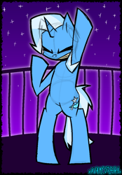 Size: 722x1038 | Tagged: safe, artist:xxv4mp_g4z3rxx, derpibooru import, trixie, semi-anthro, unicorn, bipedal, blue coat, eyes closed, female, happy, mare, stars