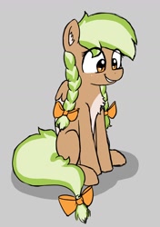 Size: 908x1290 | Tagged: safe, artist:royalsunbutt1, derpibooru import, oc, oc only, oc:sylvia evergreen, pegasus, pony, bow, braid, braided pigtails, chest fluff, cute, ear fluff, ears, female, freckles, gray background, hair bow, hair tie, mare, pegasus oc, pigtails, simple background, sitting, smiling, solo, tail bow, wings