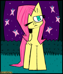 Size: 1586x1856 | Tagged: safe, artist:xxv4mp_g4z3rxx, derpibooru import, fluttershy, butterfly, pegasus, pony, blue eyes, bush, grass, looking at you, night, pink mane, solo, stars, tree, yellow coat