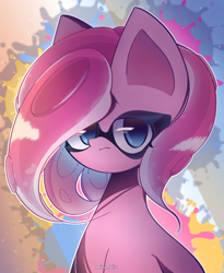 Size: 2050x2500 | Tagged: safe, artist:miryelis, derpibooru import, pinkie pie, earth pony, pony, big ears, crossover, cute, ears, pinkamena diane pie, short hair, simple background, sitting, solo, splatoon