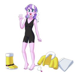 Size: 800x800 | Tagged: safe, artist:riouku, derpibooru import, diamond tiara, human, equestria girls, barefoot, boots, breasts, clothes, cute, diamondbetes, feet, female, jacket, jewelry, looking at you, necklace, open mouth, open smile, shoes, simple background, skirt, smiling, smiling at you, solo, swimsuit, waving at you, white background