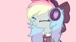 Size: 872x486 | Tagged: safe, artist:kichimina, derpibooru import, oc, oc only, oc:blazey sketch, pegasus, pony, animated, bow, bust, clothes, colored, commission, eyes closed, female, folded wings, gif, gray coat, hair bow, happy, headphones, heart, long hair, long mane, loop, mare, multicolored hair, note, pegasus oc, perfect loop, pink background, rainbow hair, show accurate, signature, simple background, smiling, sweater, vector, watermark, wings, ych result