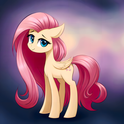Size: 2520x2520 | Tagged: safe, derpibooru exclusive, derpibooru import, generator:stable diffusion, machine learning assisted, machine learning generated, fluttershy, pegasus, pony, adorable face, cute, ears, eyelashes, female, floppy ears, folded wings, gradient background, looking at you, mare, prompter:adorablebluefox, shyabetes, solo, wings