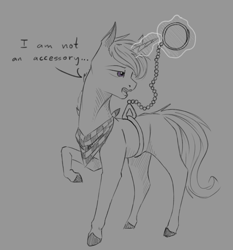 Size: 1350x1450 | Tagged: safe, artist:stray prey, derpibooru import, oc, oc only, oc:lucent, pony, unicorn, dialogue, magic, male, neckerchief, simple background, solo, stallion, telekinesis